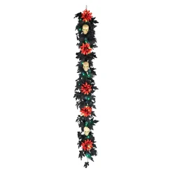 Discount National Tree Company 6 ft. Halloween Boo-tiful Garland with Orange Dahlia Flowers, White Skulls, LED Lights