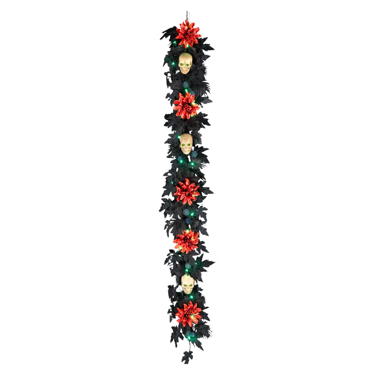 Discount National Tree Company 6 ft. Halloween Boo-tiful Garland with Orange Dahlia Flowers, White Skulls, LED Lights