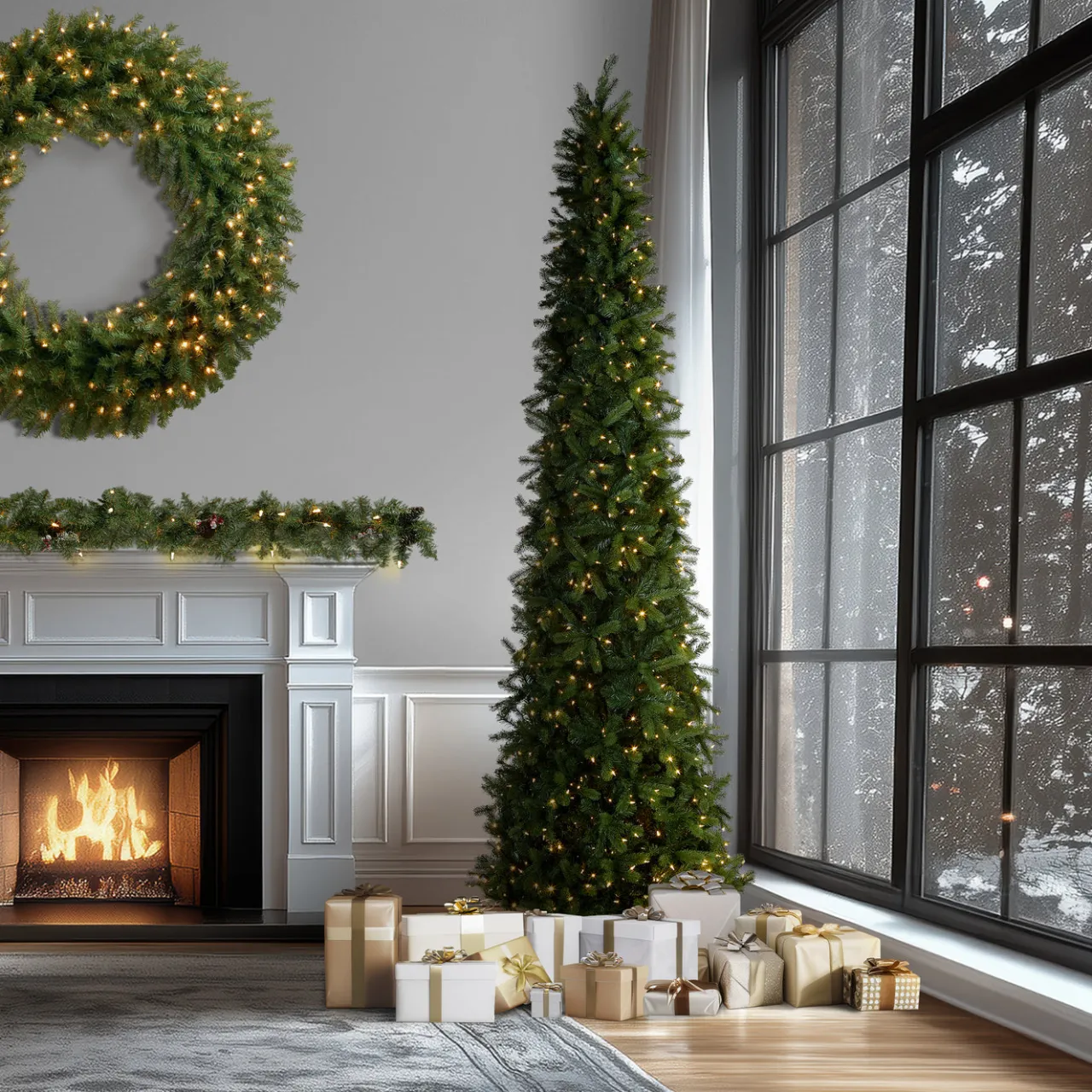 Sale National Tree Company 12 ft. Pre-Lit Downswept Douglas Fir Pencil Slim Tree with Dual Color LED Lights