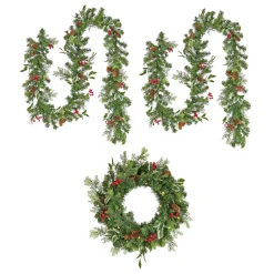 New National Tree Company 9 ft. Pre-Lit First Traditions Holly Berry Wreath and Garland Assortment