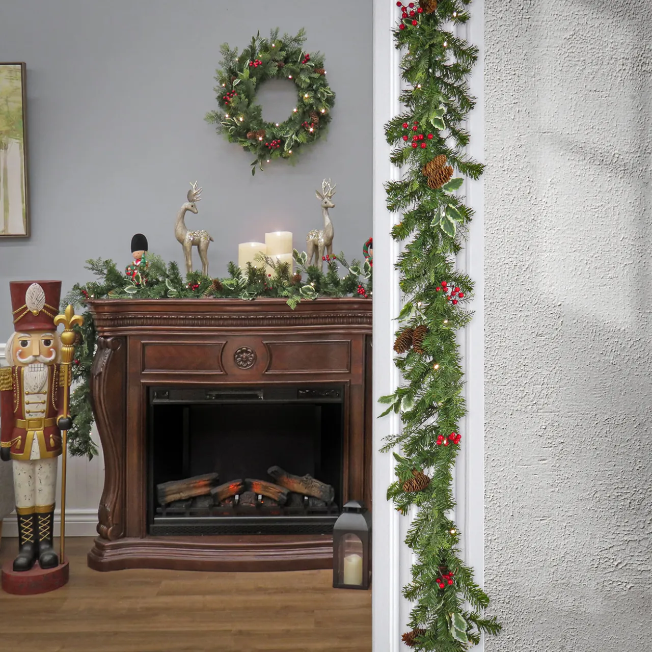 New National Tree Company 9 ft. Pre-Lit First Traditions Holly Berry Wreath and Garland Assortment