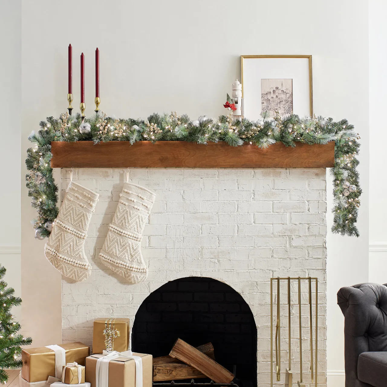 Hot National Tree Company 9 ft. Pre-Lit Glittery Pine Pomegranate Garland with Clear Lights