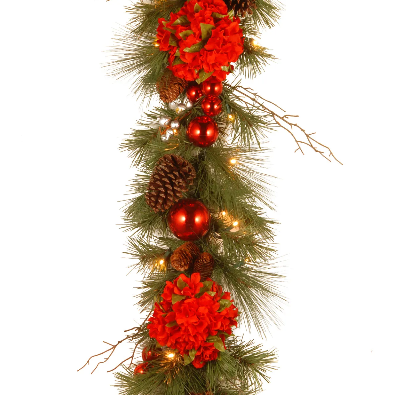 New National Tree Company 9 ft. Pre-Lit Hydrangea Pine Garland with Warm White LED Lights