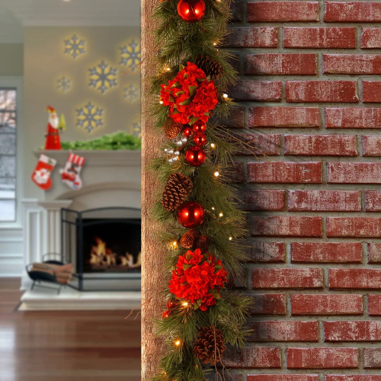 New National Tree Company 9 ft. Pre-Lit Hydrangea Pine Garland with Warm White LED Lights