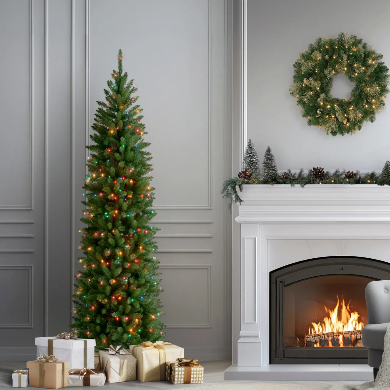 Best National Tree Company 6.5 ft. Pre-Lit Kingswood Fir Pencil Tree with Multicolor Lights