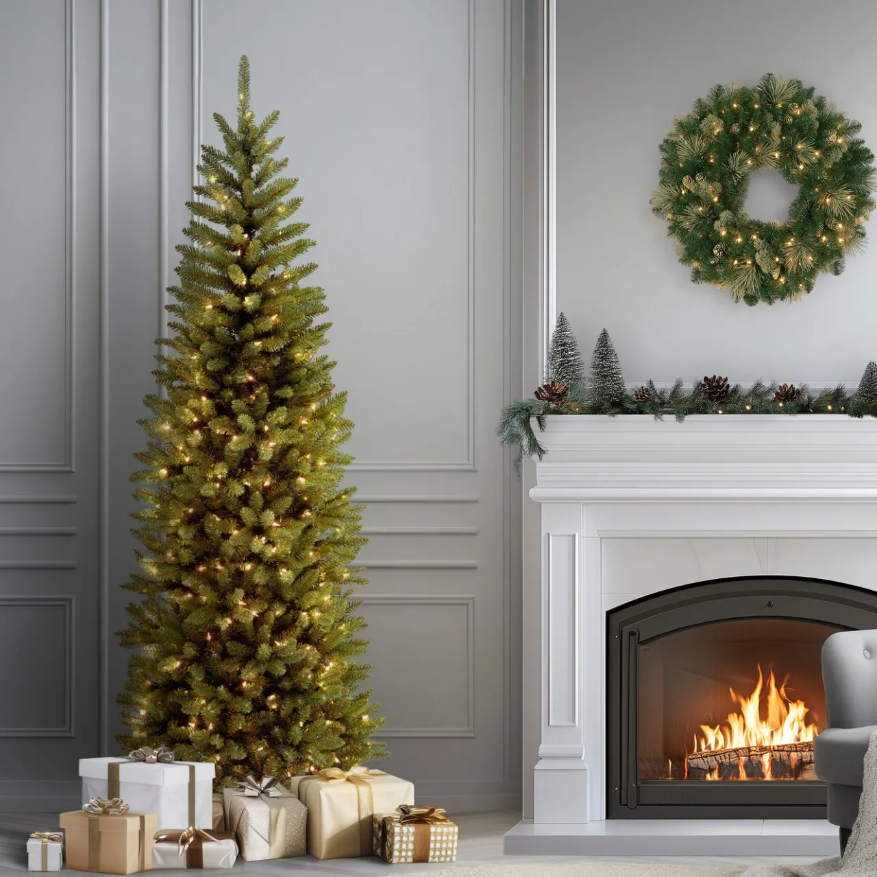 Discount National Tree Company 7.5 ft. Pre-Lit Kingswood Fir Pencil Tree with Clear Lights