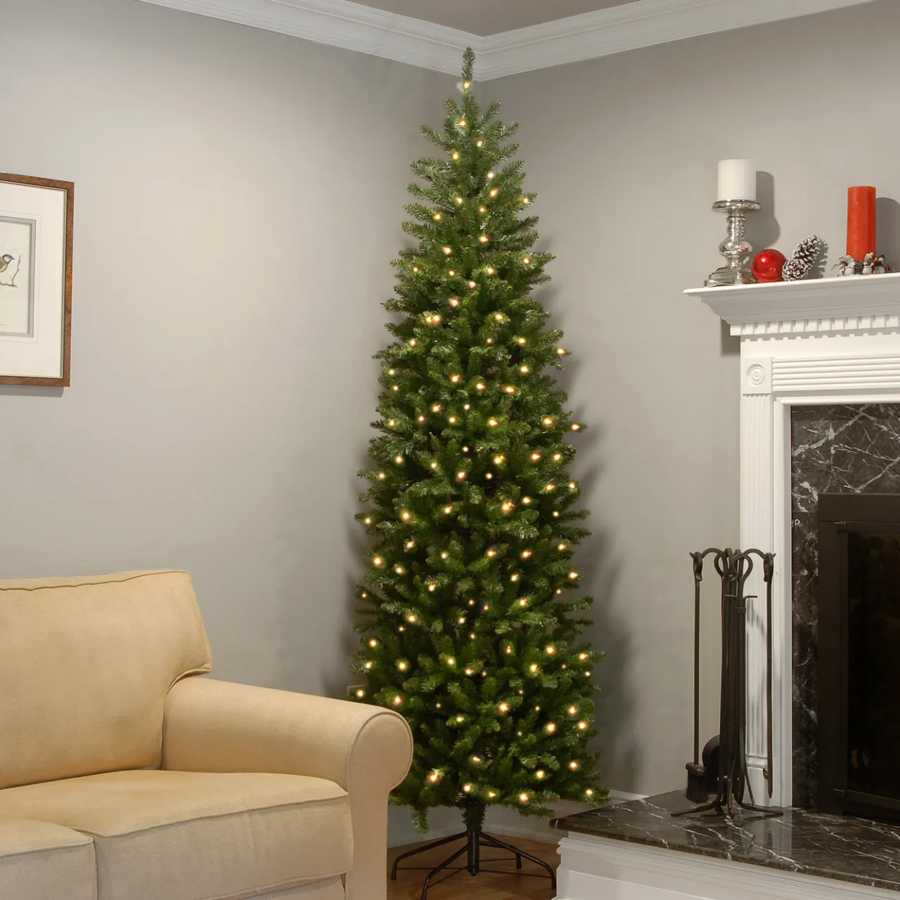 Online National Tree Company 7 ft. Pre-Lit Kingswood Fir Pencil Tree with Power Connect Dual Color LED Lights