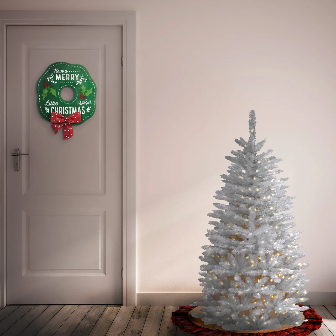 Outlet National Tree Company 4.5 ft. Pre-Lit Kingswood Fir White Pencil Tree with Clear Lights