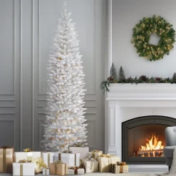 Hot National Tree Company 9 ft. Pre-Lit Kingswood Fir White Pencil Tree with Clear Lights