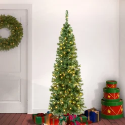 Sale National Tree Company 6 ft. Pre-Lit Linden Spruce Slim Tree with Warm White LED Lights