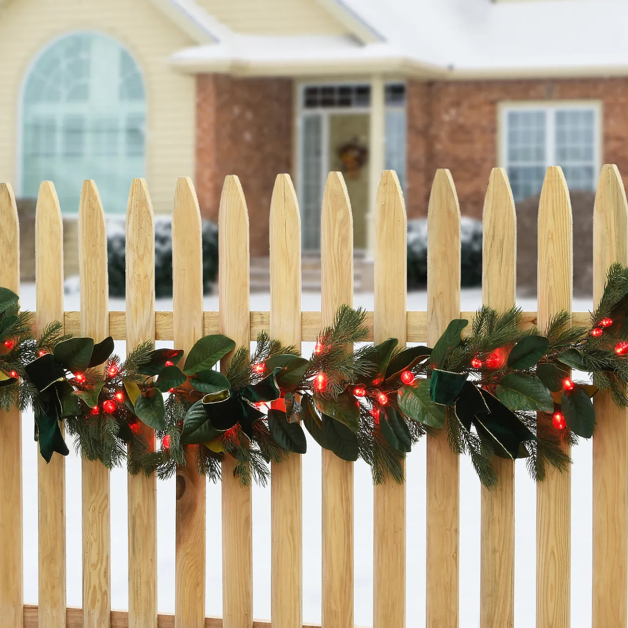 Best National Tree Company 9 ft. Pre-Lit Magnolia Mix Pine Garland with Red LED Lights