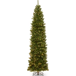 New National Tree Company 9 ft. Pre-Lit North Valley Spruce Pencil Slim Tree with Clear Lights