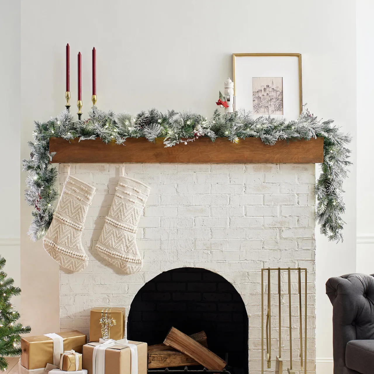 Outlet National Tree Company 9 ft. Pre-Lit Snowy Bedford Pine Garland with LED Lights