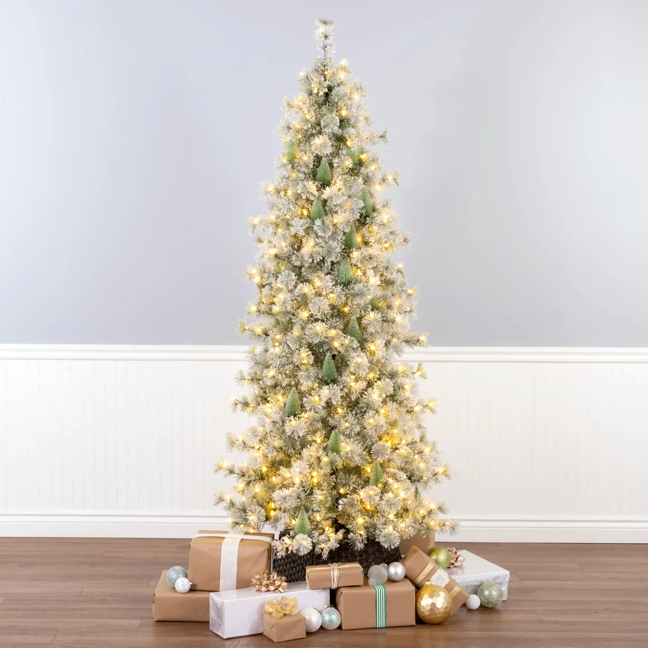 Best National Tree Company 7.5 ft. Pre-Lit Snowy Bottle Brush Slim Tree with Clear Lights