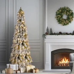 National Tree Company 5 ft. Pre-Lit Snowy Downswept Forest Slim Tree with Clear Lights