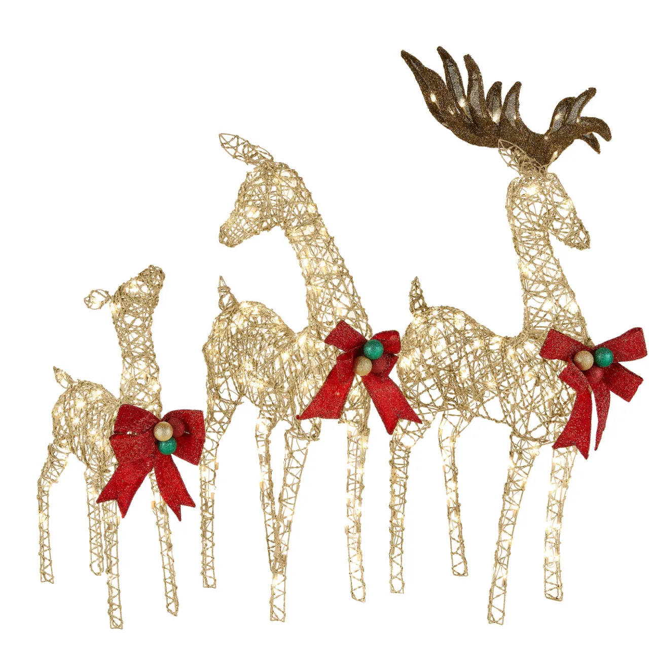 Best National Tree Company 60 in., 52 in. and 36 in. Champagne Glitter Deer Family with 370 Warm White LED Lights