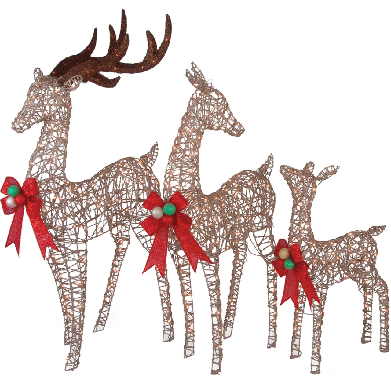 Best National Tree Company 60 in., 52 in. and 36 in. Champagne Glitter Deer Family with 370 Warm White LED Lights