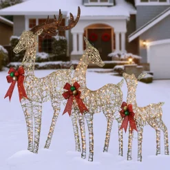 Best National Tree Company 60 in., 52 in. and 36 in. Champagne Glitter Deer Family with 370 Warm White LED Lights