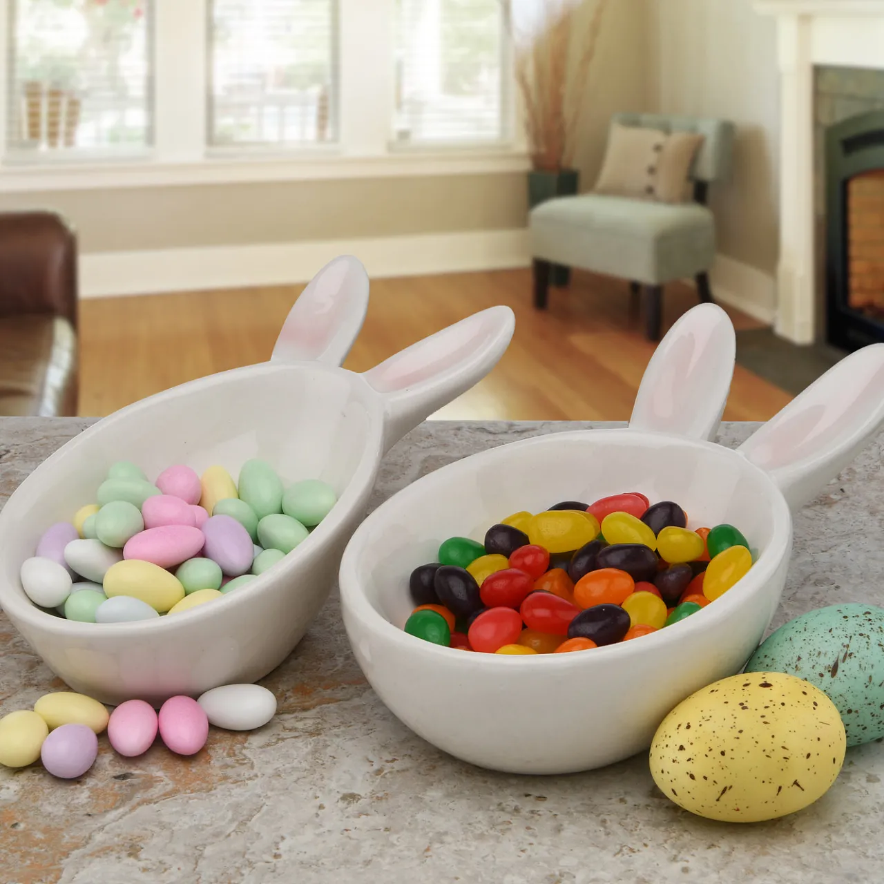 Best National Tree Company 3 in. by 4 in. by 7 in. Easter Bunny Candy Dishes, White, Easter Collection, Set of 2