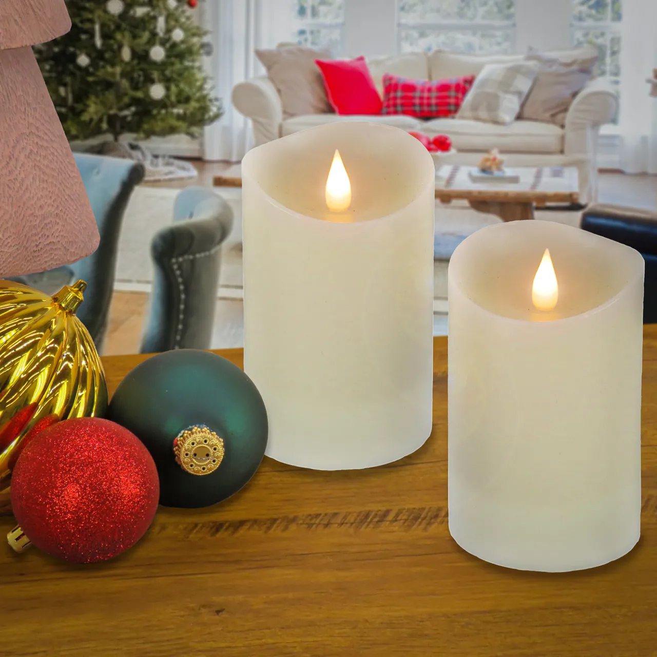 National Tree Company 2 in. by 5 in. HGTV Home Collection Flameless Heritage Pillar Candle Pair, Ivory