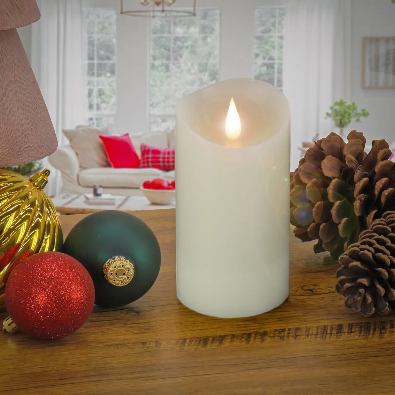 New National Tree Company 3 in. by 7 in. HGTV Home Collection Flameless Heritage Pillar Candle, Ivory