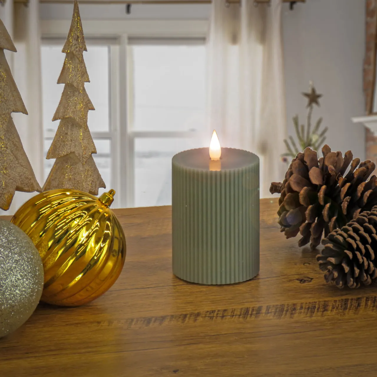 National Tree Company 3 in. by 5 in. HGTV Home Collection Flameless Georgetown Pillar Candle, Dk Green