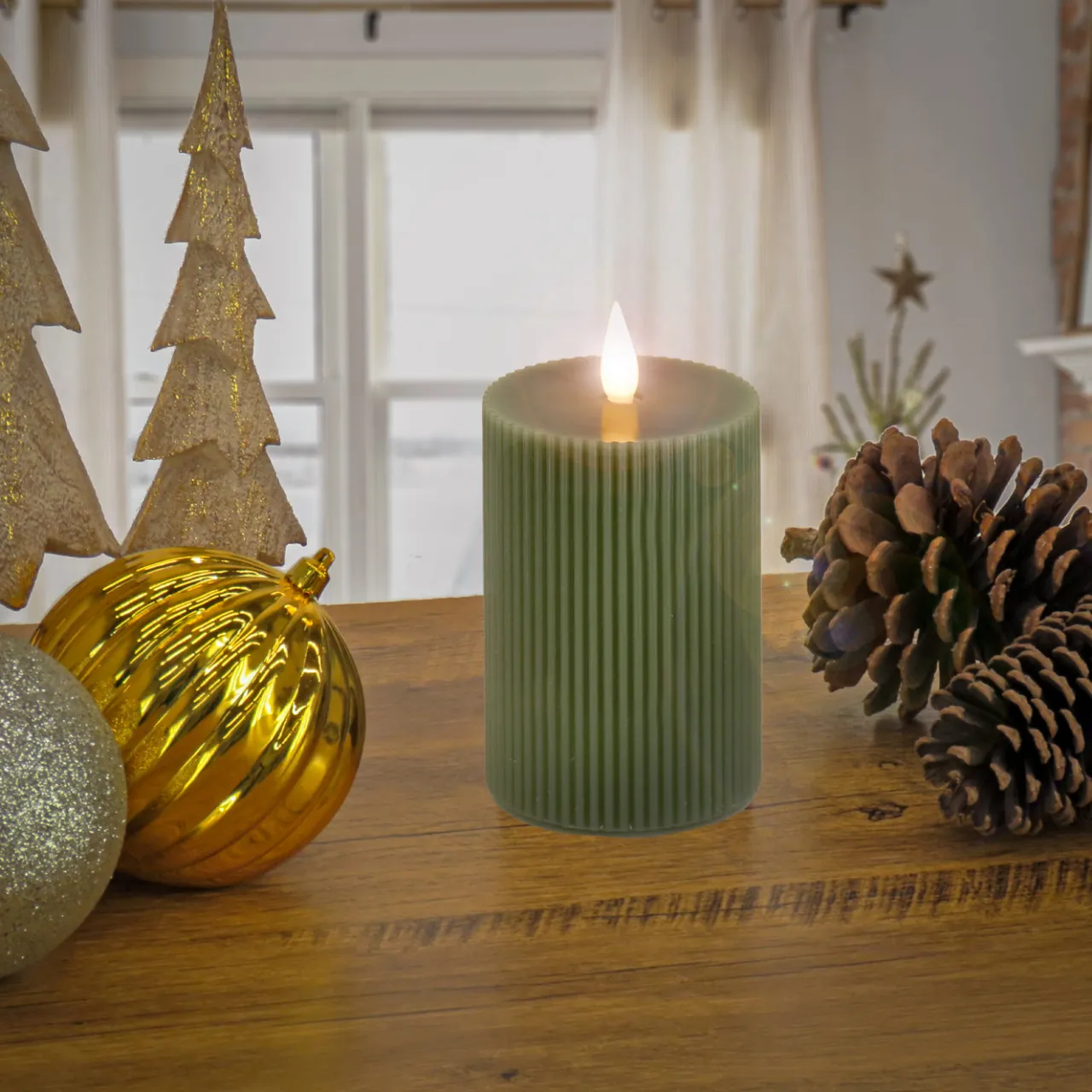 Sale National Tree Company 4 in. by 8 in. HGTV Home Collection Flameless Georgetown Pillar Candle, Dk Green