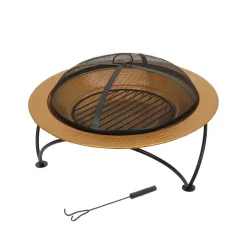 Clearance National Tree Company 33 in. Copper Finish Hammered Steel Outdoor Fire Pit with Black Stand, Cover, Fire Poker