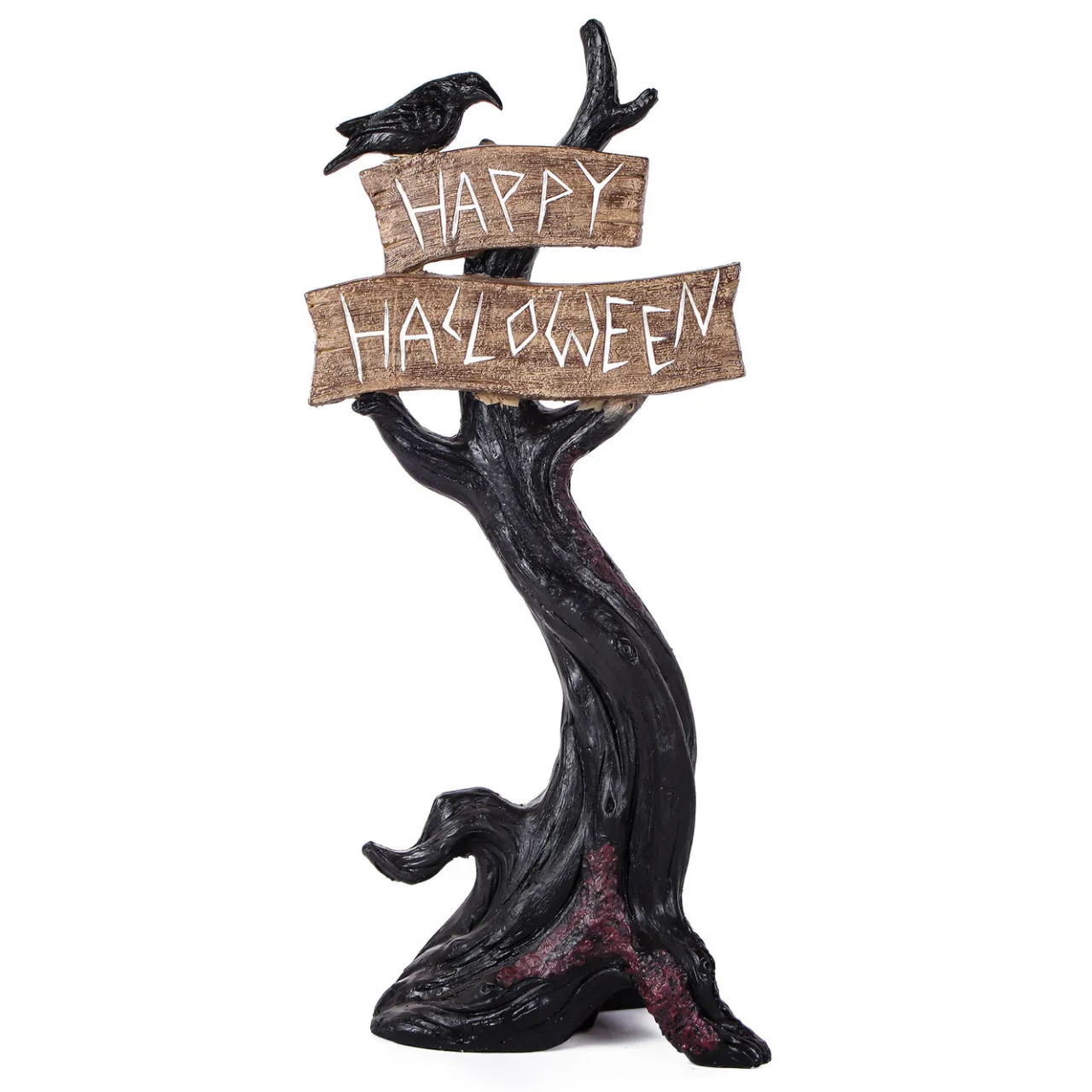 Discount National Tree Company 32 in. Crow Standing on Tree with Happy Halloween Sign Table Decoration
