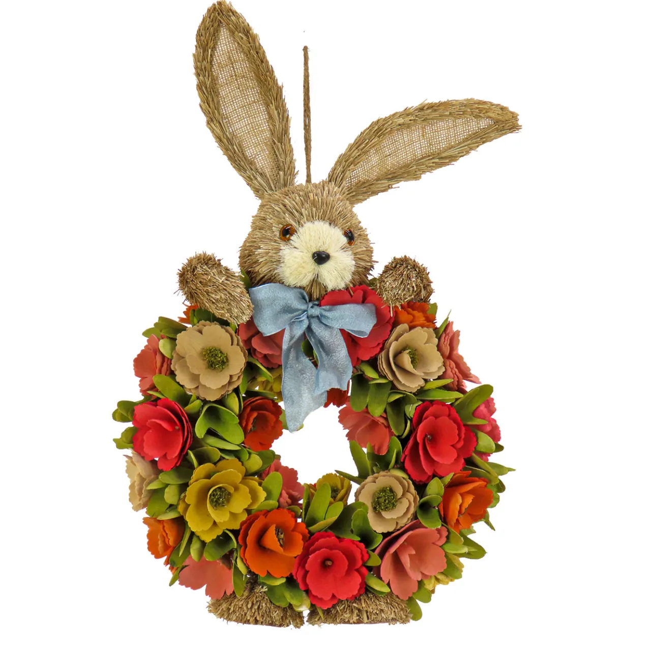 Best National Tree Company 20 in. Easter Wreath Decorated with Red, Orange and Green Flower Blooms, Bunny Head and Feet