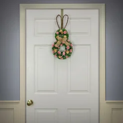 Online National Tree Company 20 in. Easter Bunny Hanging Silhouette Decorated with Green, Pink and Yellow Flowers