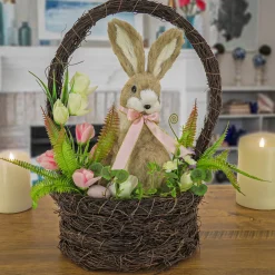 New National Tree Company 17 in. Easter Bunny Sitting in Basket of Flowers Table Decoration