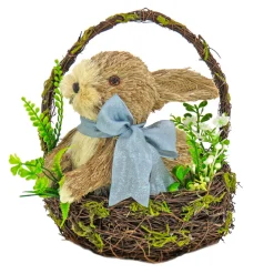 Online National Tree Company 10 in. Easter Bunny with Blue Bow in Floral Basket Table Decoration