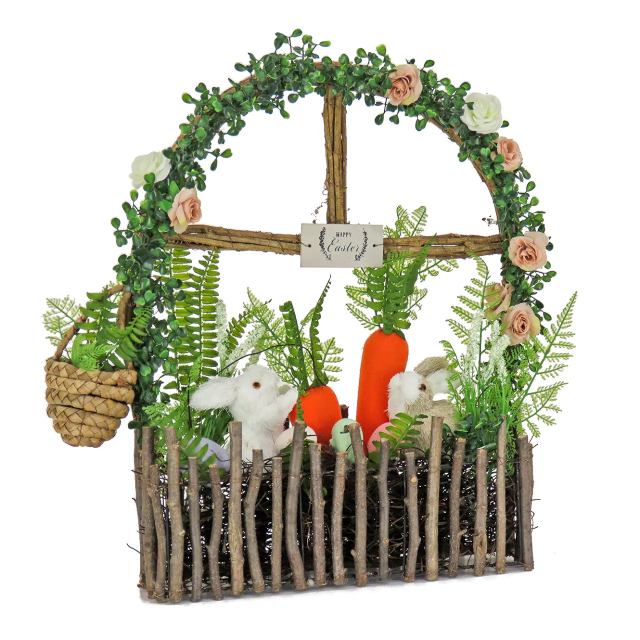 Best National Tree Company 19 in. Easter Window Garden Pane Decoration Decorated with Bunnies, Carrots, Flower Blooms