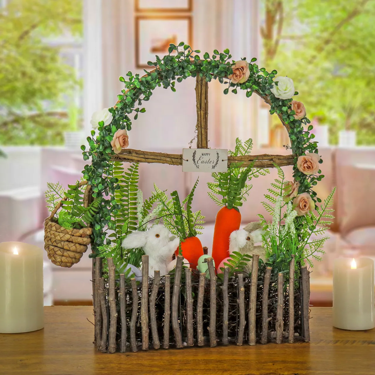 Best National Tree Company 19 in. Easter Window Garden Pane Decoration Decorated with Bunnies, Carrots, Flower Blooms