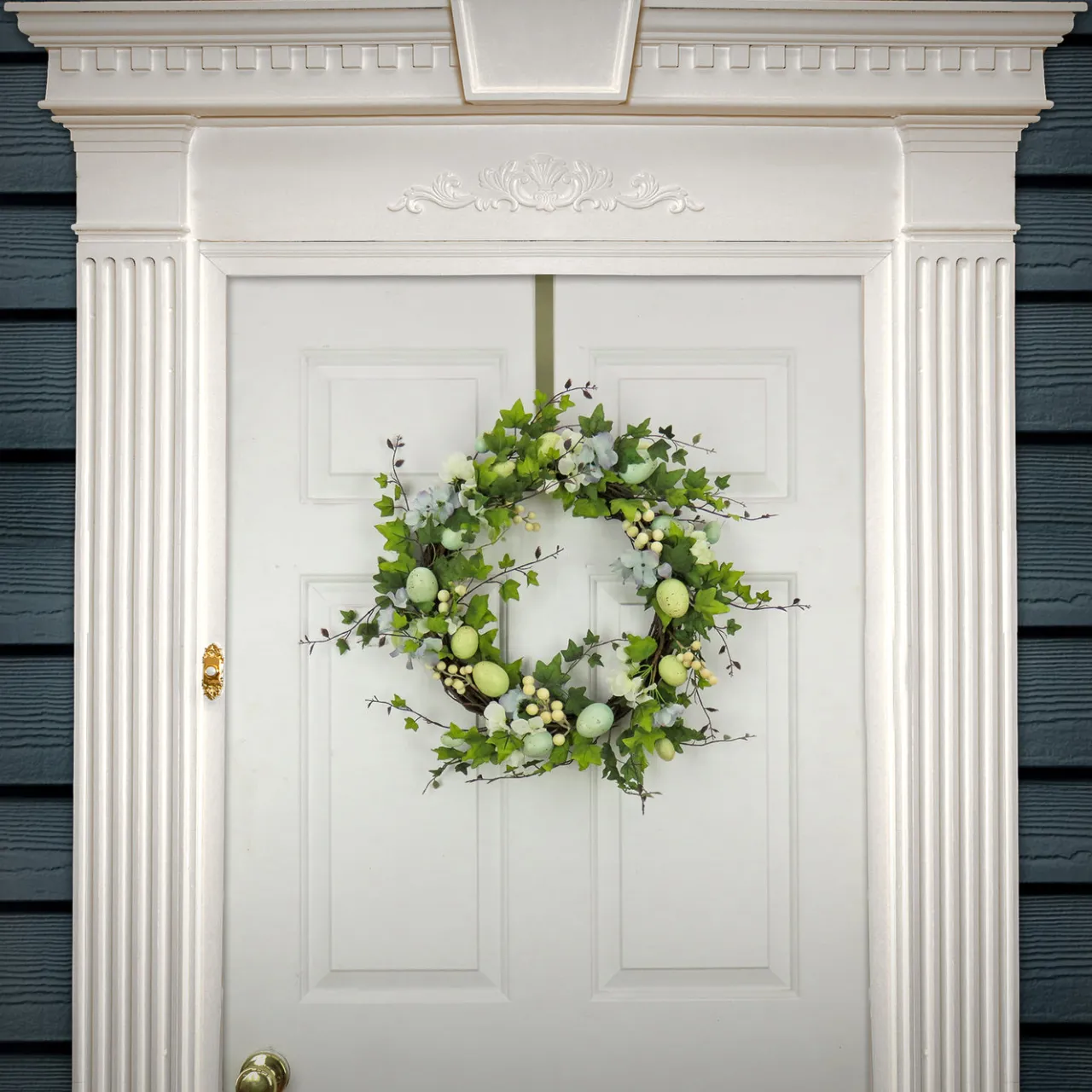 Online National Tree Company 22 in. Easter Wreath Decorated with Pastel Eggs, Blue Flowers