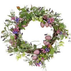 Hot National Tree Company 22 in. Easter Wreath Decorated with Purple Pastel Eggs, Pink Flowers, Leafy Greens
