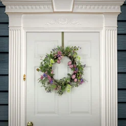 Hot National Tree Company 22 in. Easter Wreath Decorated with Purple Pastel Eggs, Pink Flowers, Leafy Greens