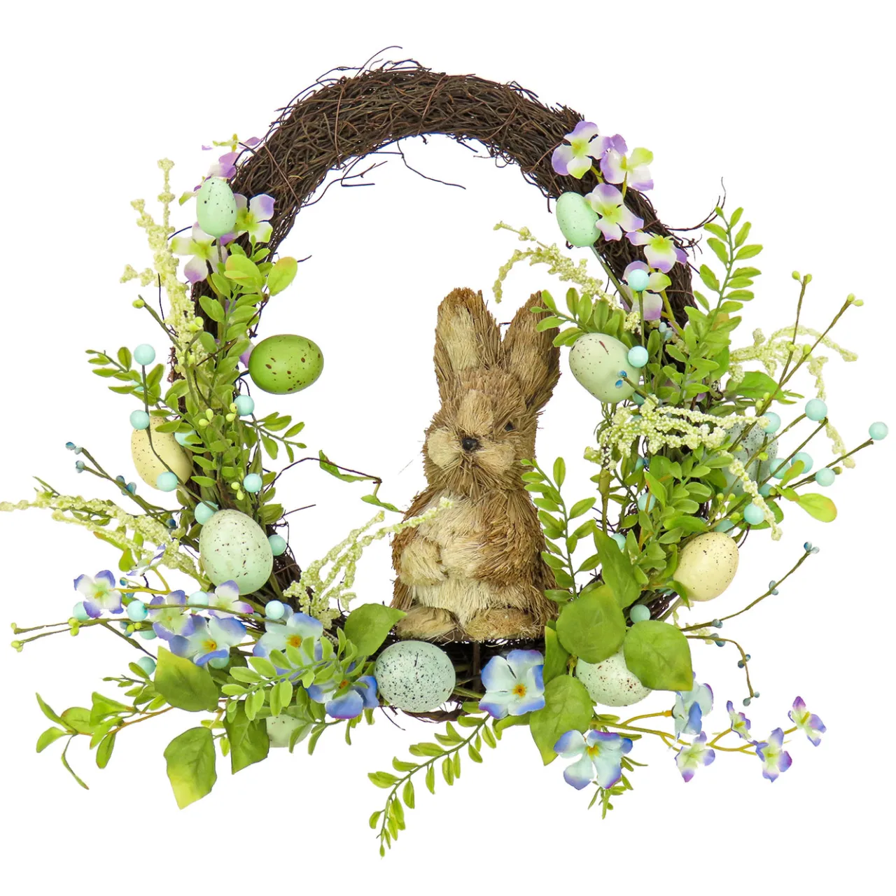 Best National Tree Company 16 in. Easter Wreath Decorated with Wooden Bunny, Blue Flower Blooms, Pastel Eggs, Berries