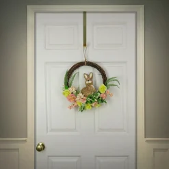 Hot National Tree Company 16 in. Easter Wreath Decorated with Pastel Flower Blooms, Bunny, Leafy Greens