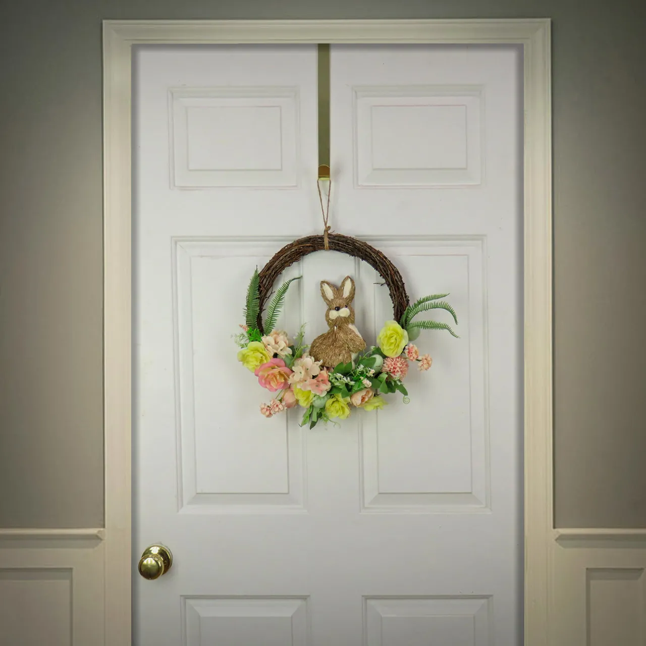 Hot National Tree Company 16 in. Easter Wreath Decorated with Pastel Flower Blooms, Bunny, Leafy Greens