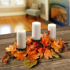 New National Tree Company 24 in. Fall Centerpiece, Three Candle Holders, Decorated with Sunflower Blooms, Pinecones, Berry Clusters