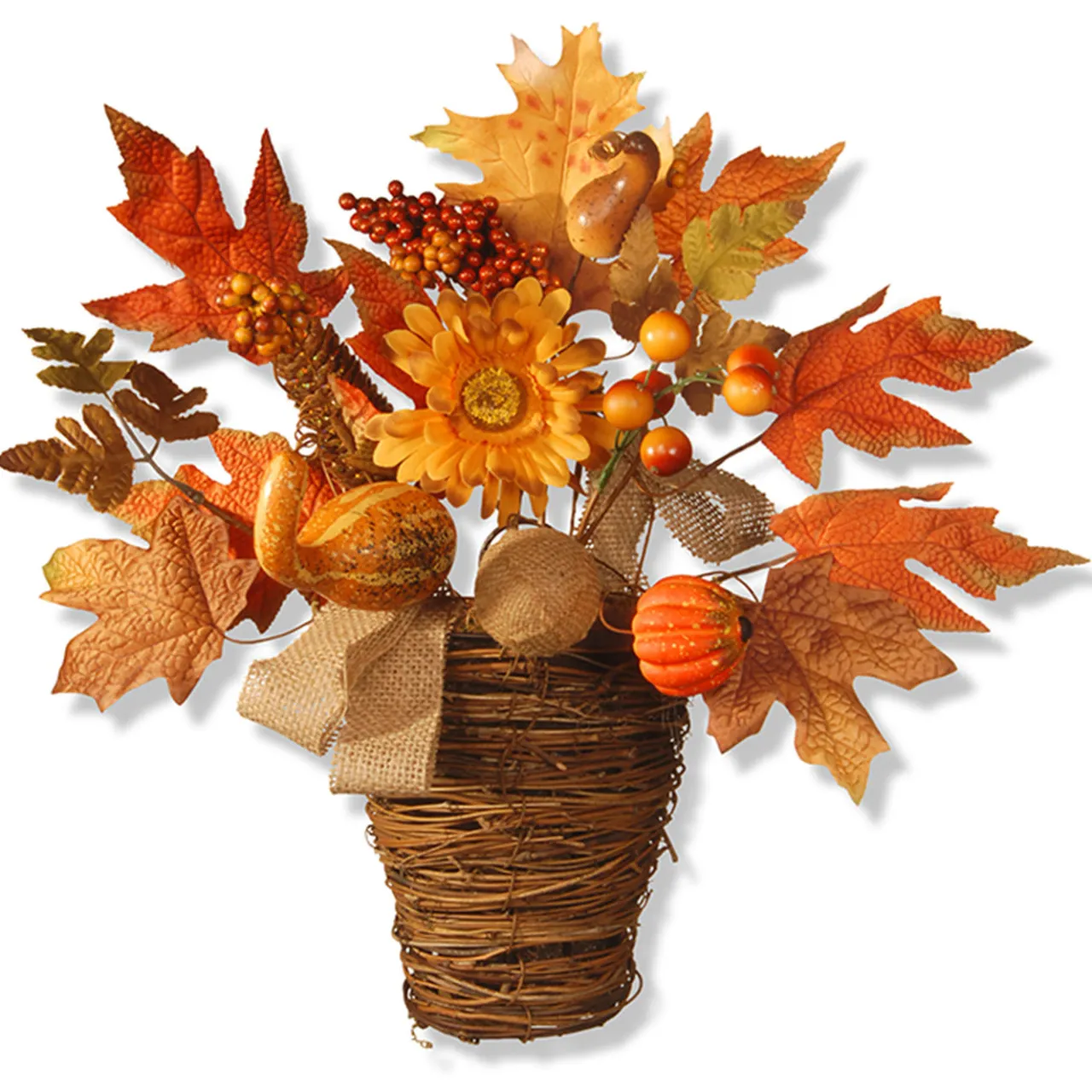 Discount National Tree Company 16 in. Fall Flowers in Wicker Basket with Pumpkins, Gourds, Berry Clusters, Burlap, Maple Leaves