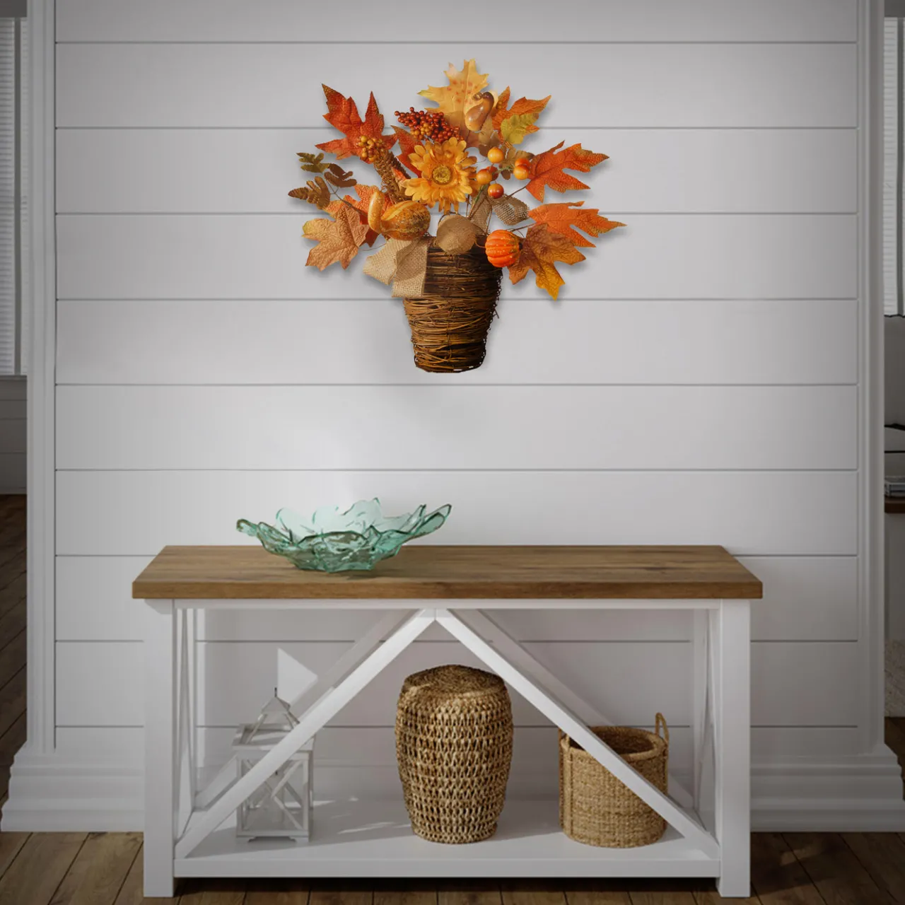 Discount National Tree Company 16 in. Fall Flowers in Wicker Basket with Pumpkins, Gourds, Berry Clusters, Burlap, Maple Leaves