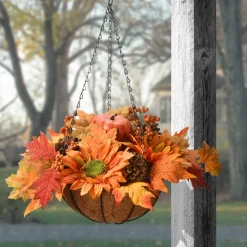 Sale National Tree Company 18 in. Fall Hanging Basket with Maple Leaves, Sunflowers, Cones, Berries, Pumpkin