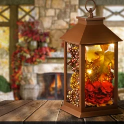 Discount National Tree Company 12 in. Fall Lantern with LED Lights, Filled with Pumpkins, Leaves, Flowers, Berry Clusters
