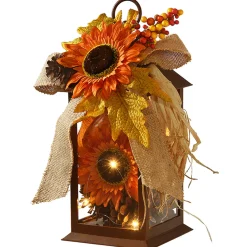 Hot National Tree Company 12 in. Fall Lantern with LED Lights, Filled with Sunflower Blooms, Leaves, Pinecones, Berry Clusters