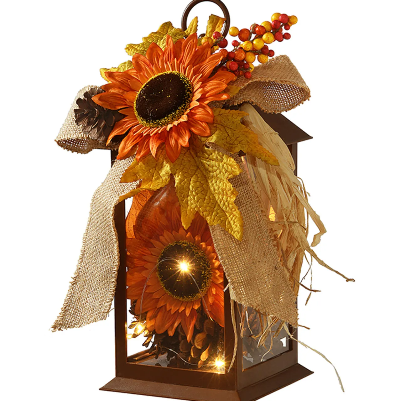 Hot National Tree Company 12 in. Fall Lantern with LED Lights, Filled with Sunflower Blooms, Leaves, Pinecones, Berry Clusters