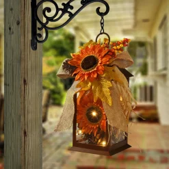 Hot National Tree Company 12 in. Fall Lantern with LED Lights, Filled with Sunflower Blooms, Leaves, Pinecones, Berry Clusters