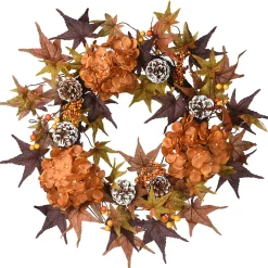 Hot National Tree Company 24 in. Fall Wreath with Hydrangeas, Maple Leaves, Pinecones, Berry Clusters